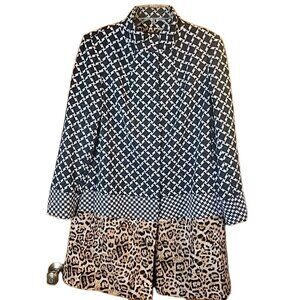 Dennis Basso Long Coat Jacket Sz 12 Black & Brown Animal Print Geometric Snaps